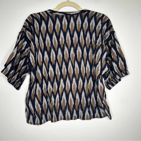 Garnet Hill Navy Tan Ikat Blouse Top 100% Cotton Puff Sleeve Size Small Fall - Picture 2 of 12